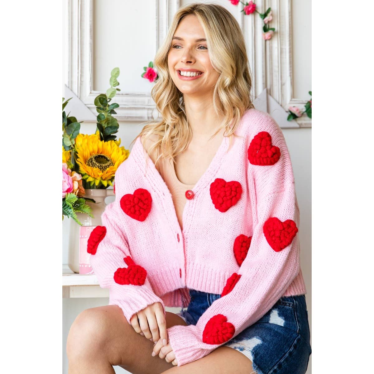 Fluffy Hearts Pom Pom Cardigan