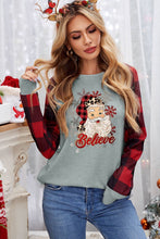 Load image into Gallery viewer, Gray Believe Santa&#39;s Buffalo Plaid Sleeve Pullover Sweatshirt
