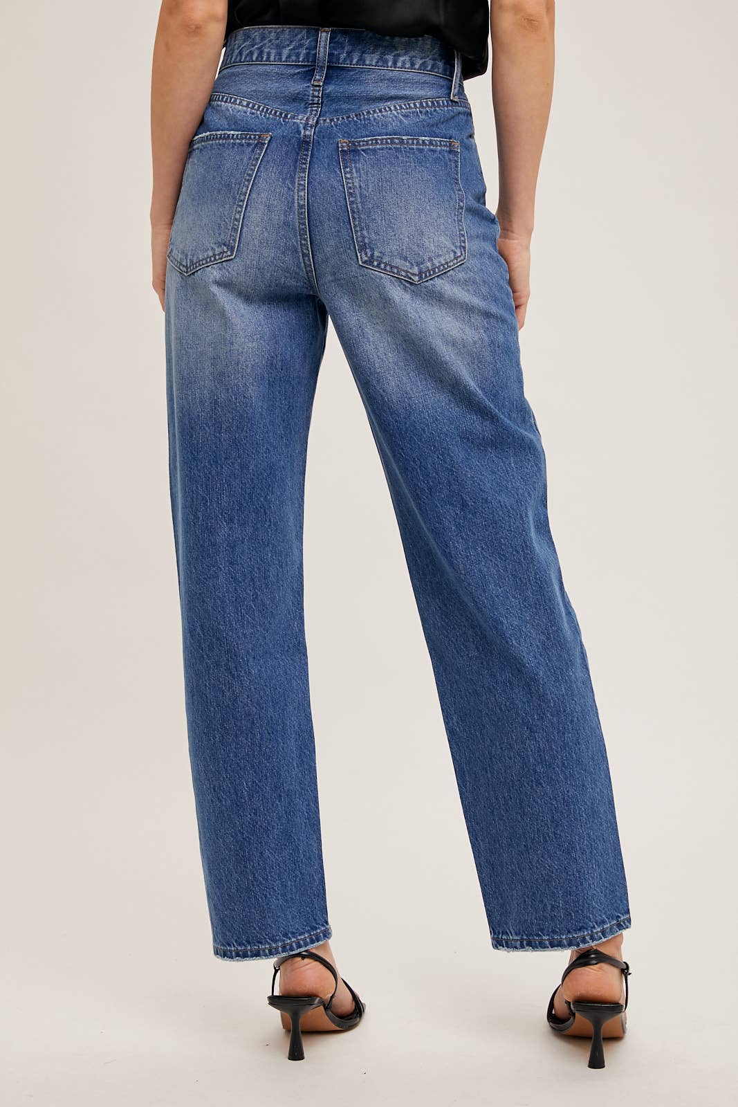 DENIM ASYMMETRICAL WAIST STRAIGHT LEG JEANS