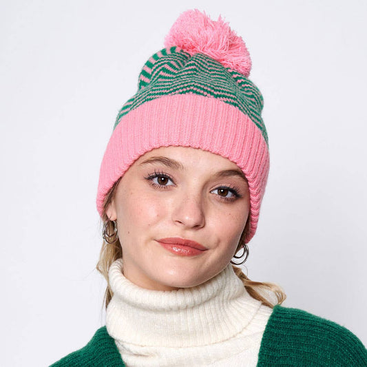 Zig-Zag Striped Ribbed Cuff Beanie with Pom