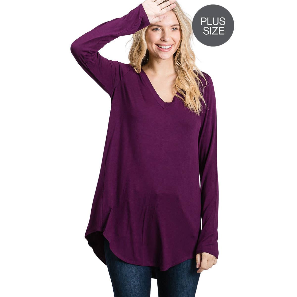 PLUS LONG SLEEVE V-NECK DOLPHIN HEM TOP