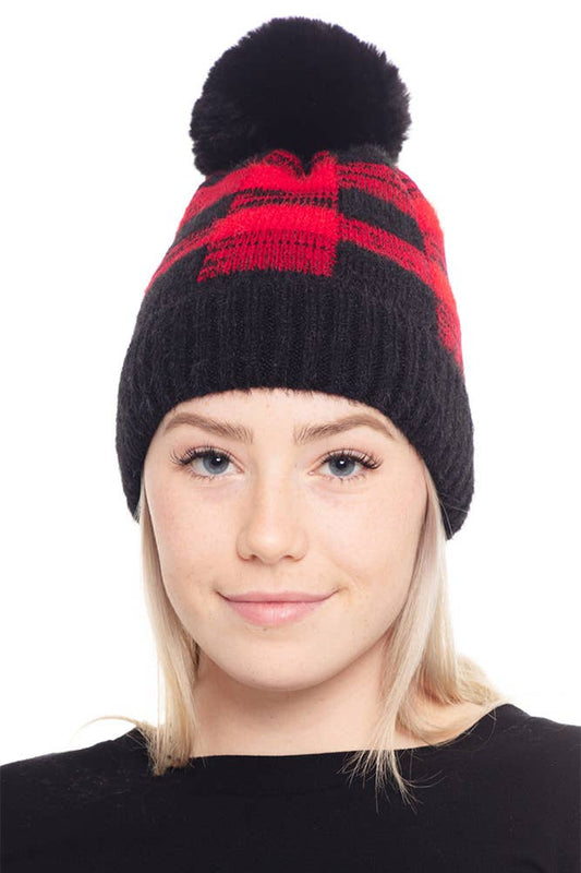 Buffalo Plaid Pom Fuzzy Fleece Beanie