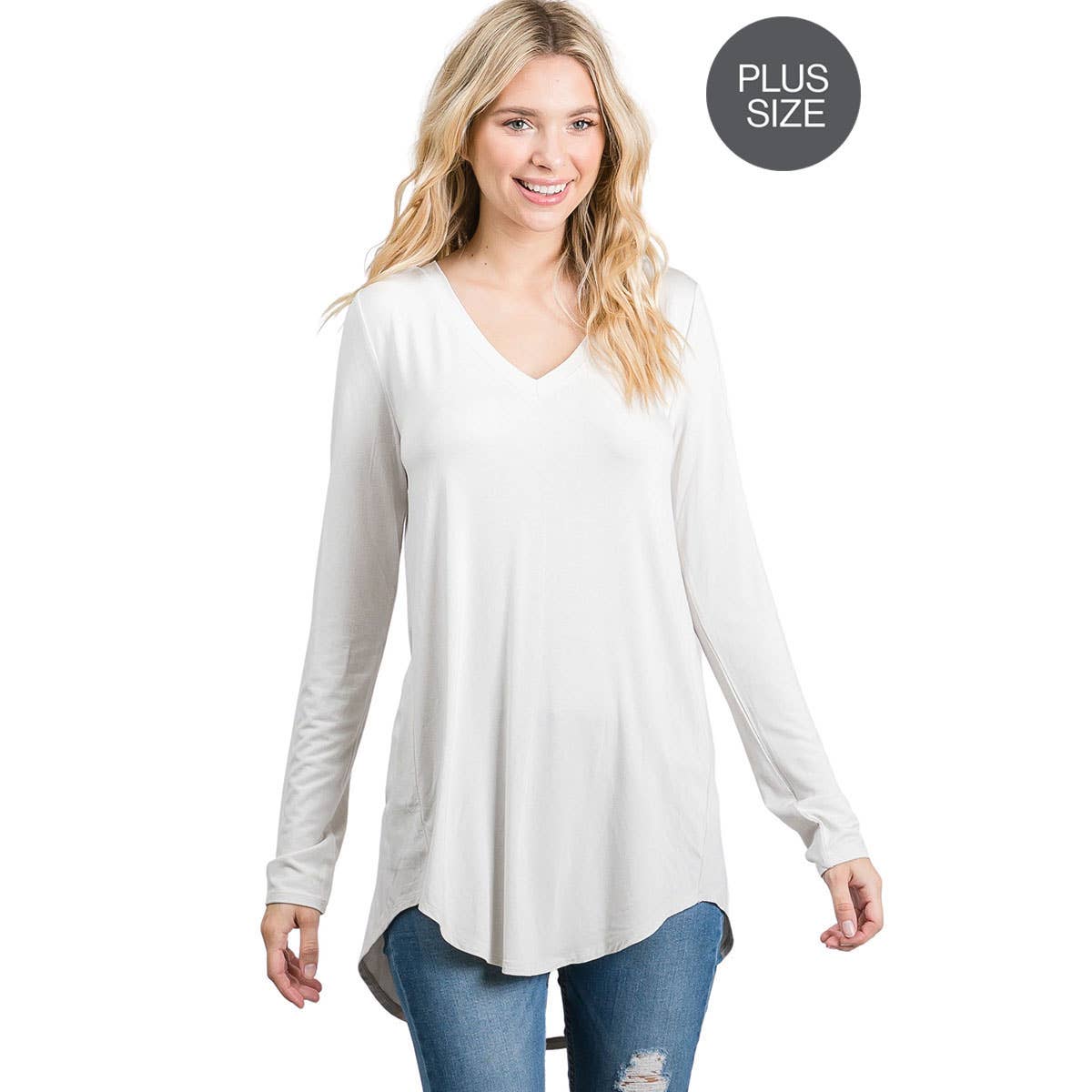 PLUS LONG SLEEVE V-NECK DOLPHIN HEM TOP