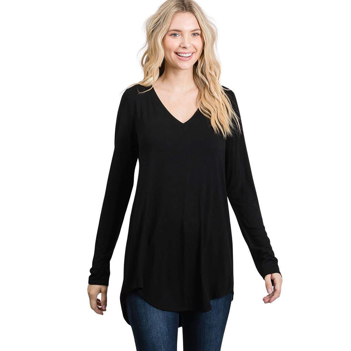 LONG SLEEVE V-NECK DOLPHIN HEM TOP