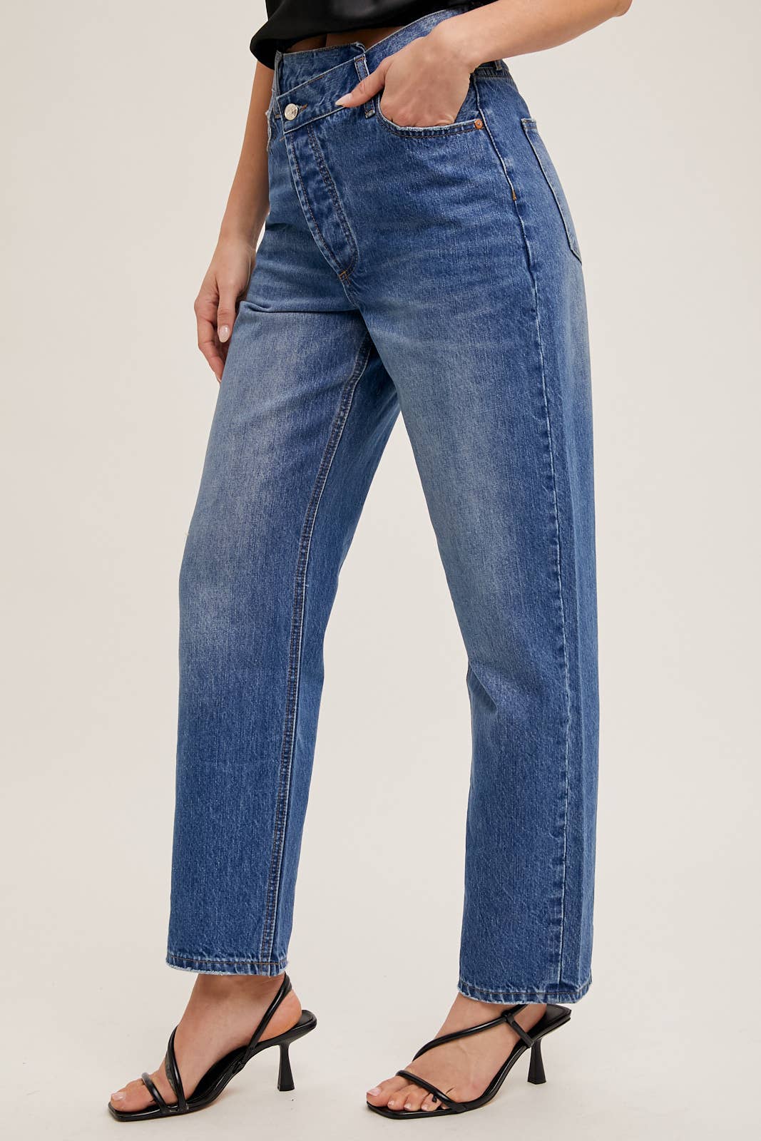 DENIM ASYMMETRICAL WAIST STRAIGHT LEG JEANS