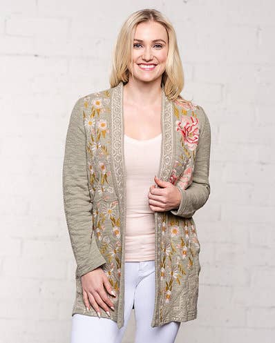 Double Knit Floral Embroidered Open Front Cardigan
