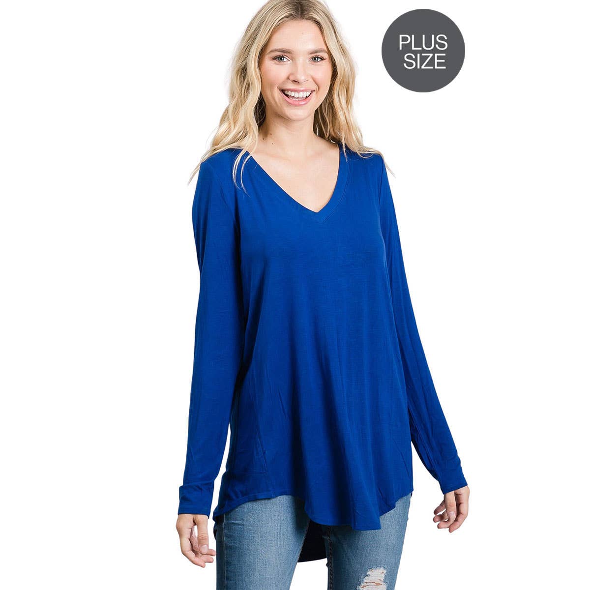 PLUS LONG SLEEVE V-NECK DOLPHIN HEM TOP