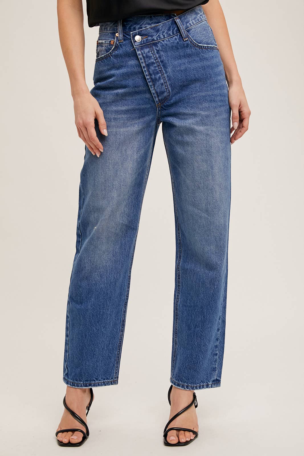 DENIM ASYMMETRICAL WAIST STRAIGHT LEG JEANS