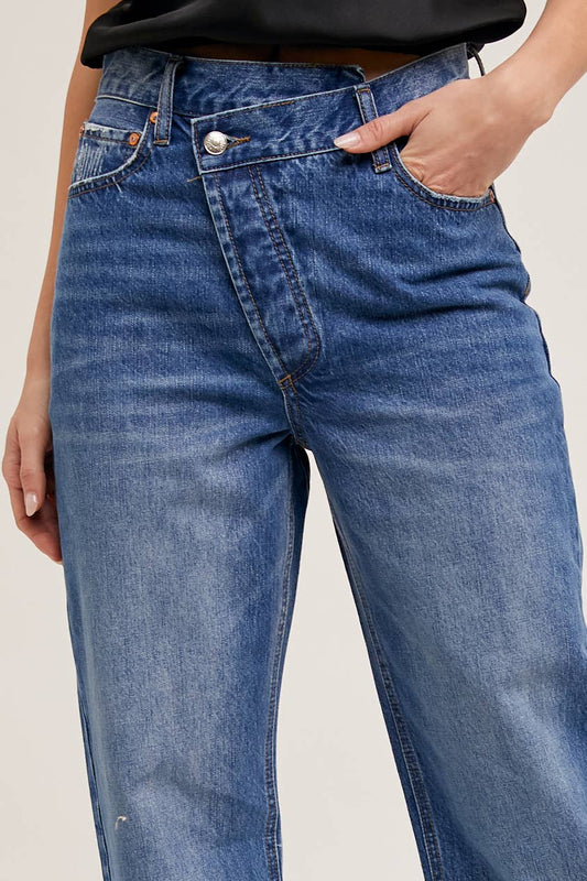 DENIM ASYMMETRICAL WAIST STRAIGHT LEG JEANS