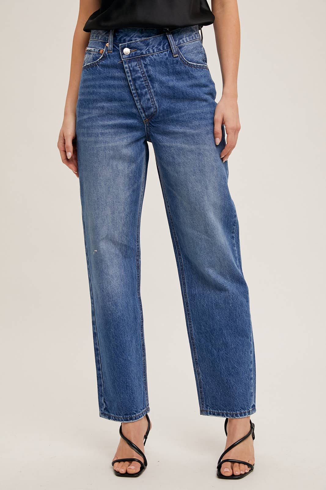 DENIM ASYMMETRICAL WAIST STRAIGHT LEG JEANS