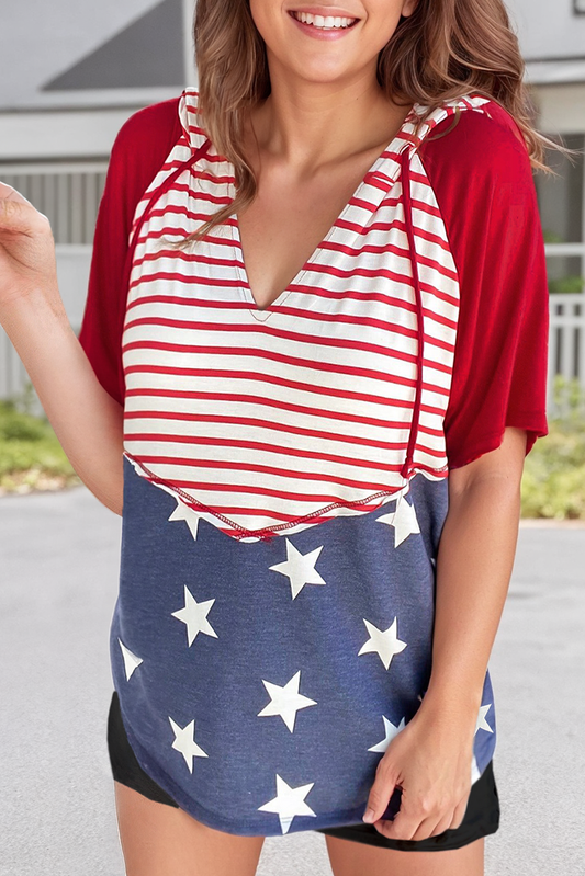Stars and Stripes Print Drawstring Hooded T Shirt
