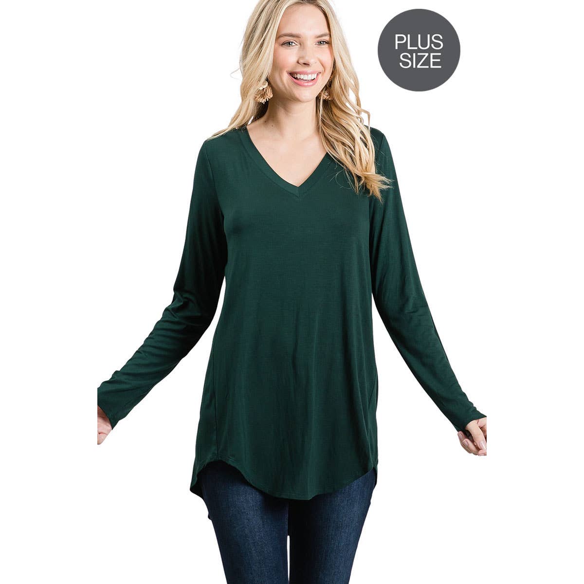 PLUS LONG SLEEVE V-NECK DOLPHIN HEM TOP