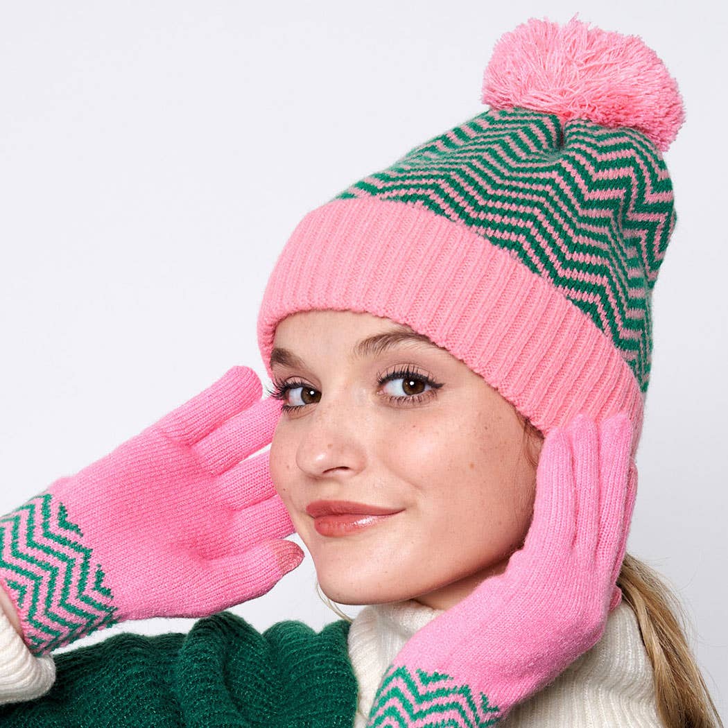 Zig-Zag Striped Ribbed Cuff Beanie with Pom