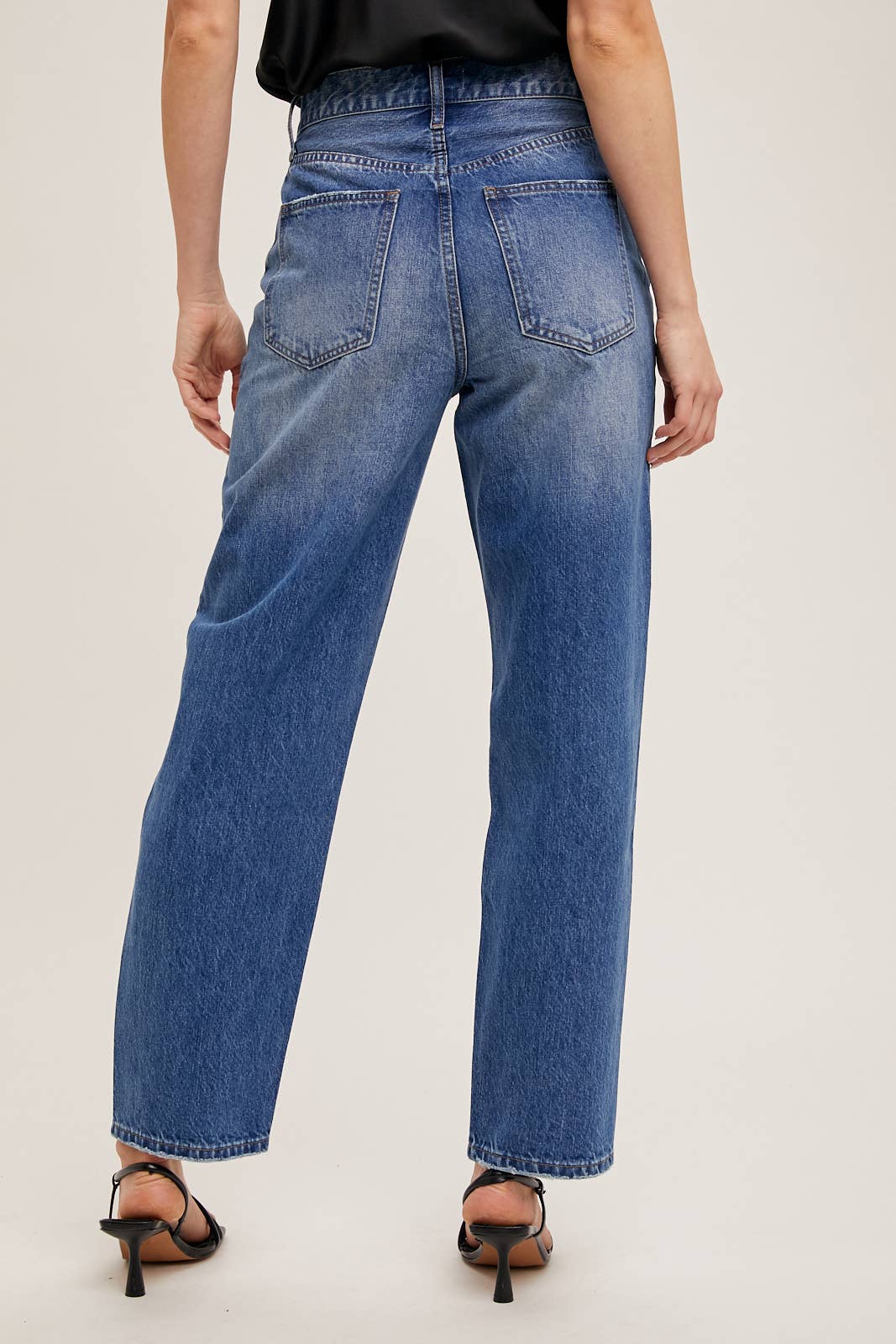 DENIM ASYMMETRICAL WAIST STRAIGHT LEG JEANS