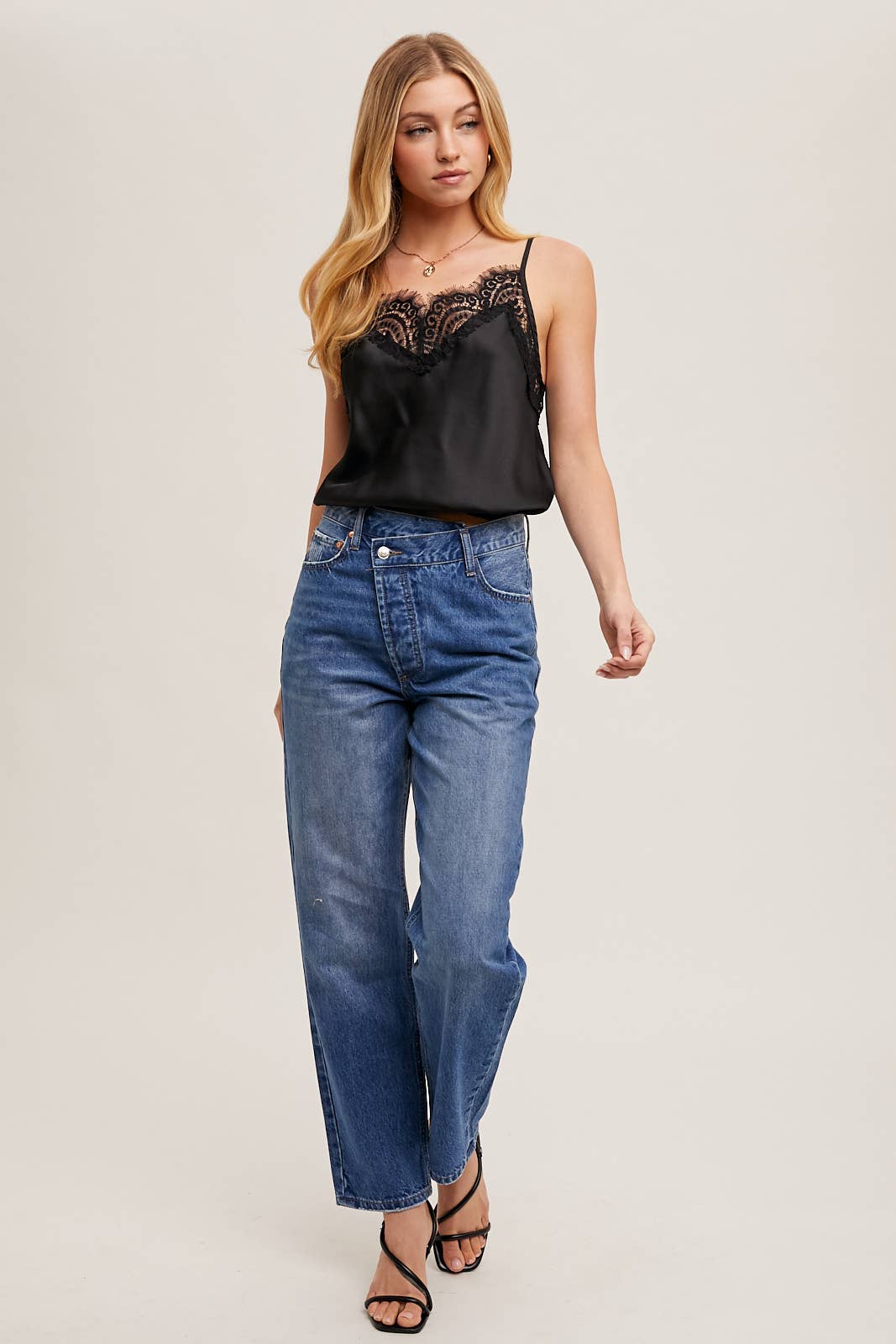 DENIM ASYMMETRICAL WAIST STRAIGHT LEG JEANS