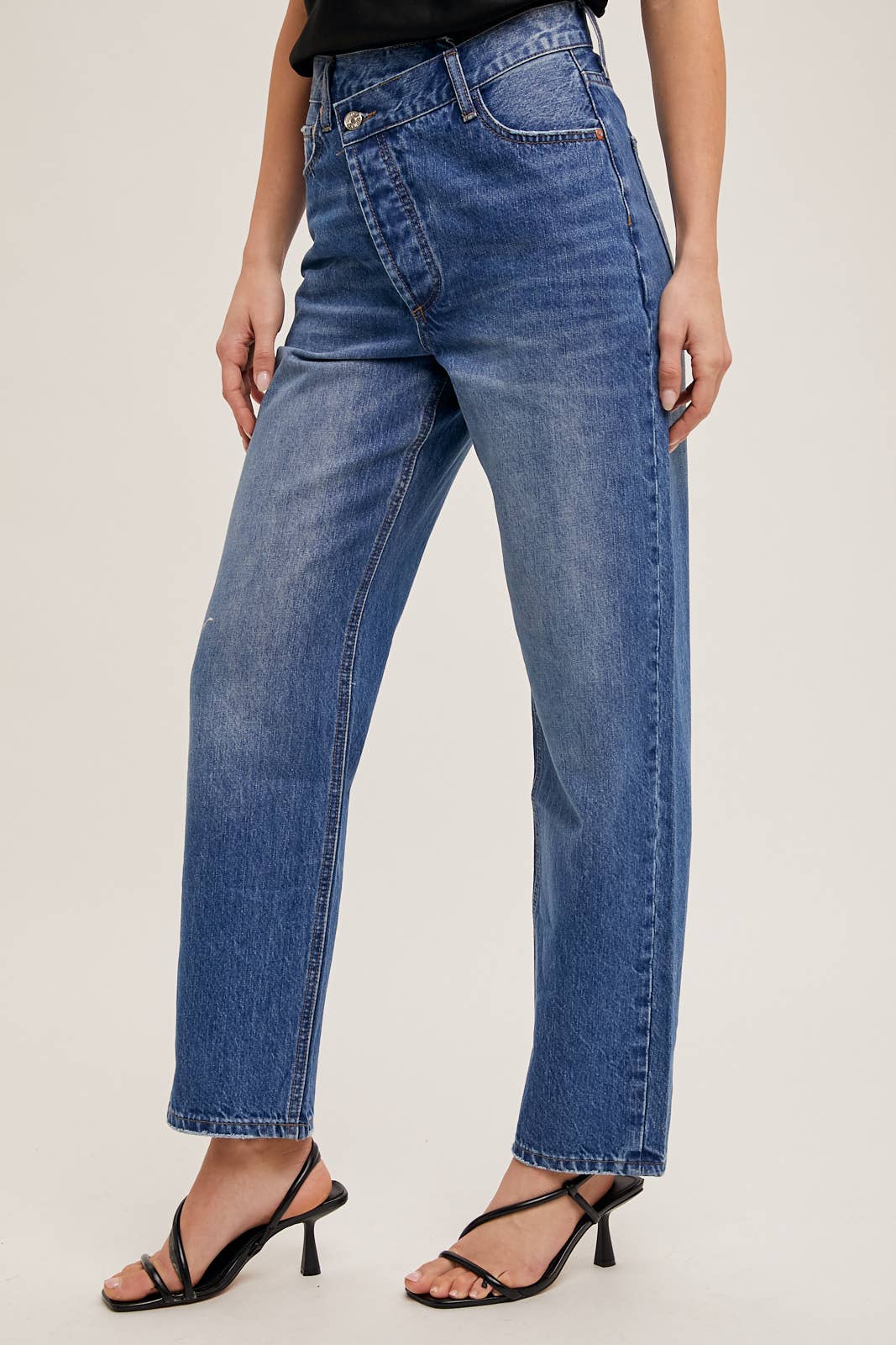 DENIM ASYMMETRICAL WAIST STRAIGHT LEG JEANS