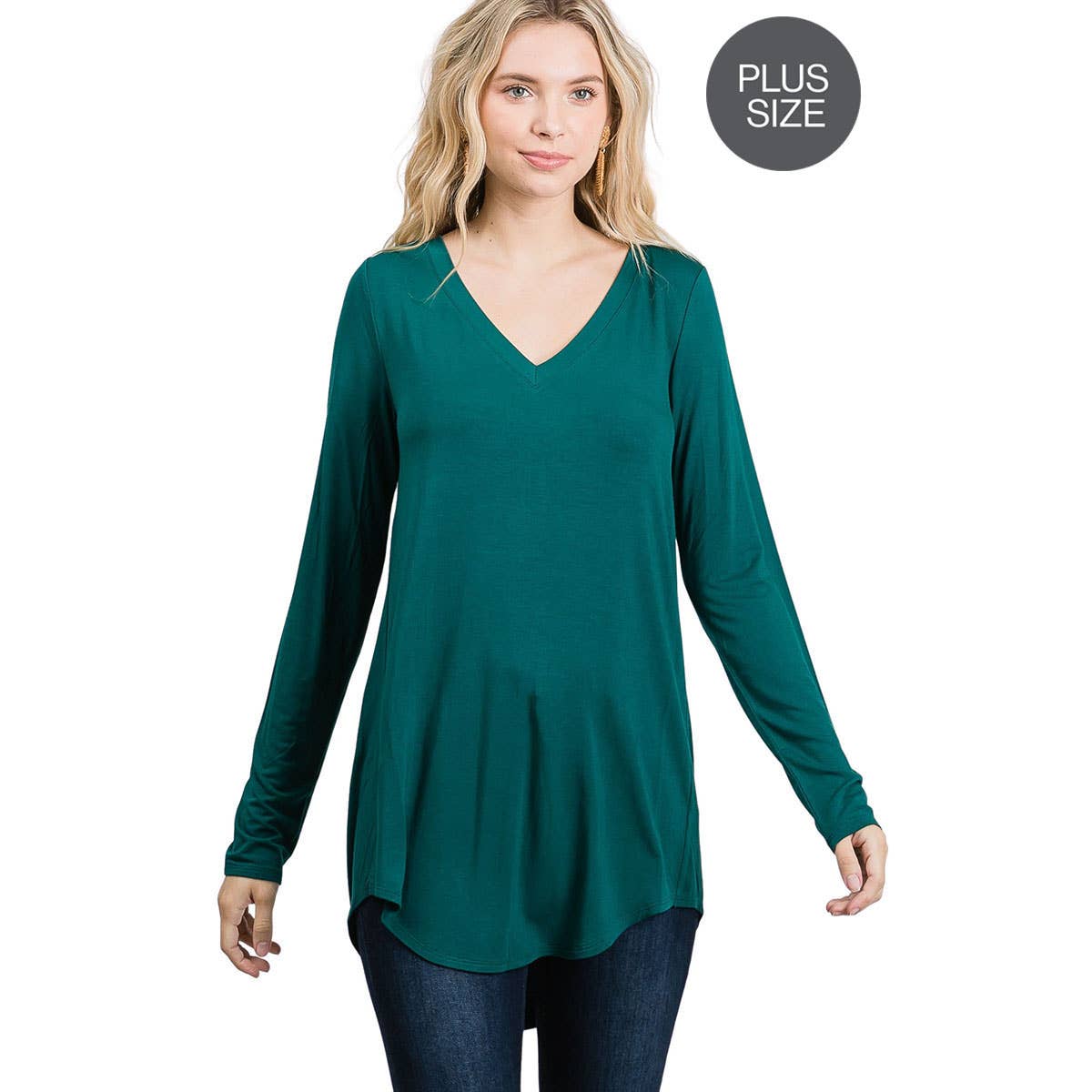 PLUS LONG SLEEVE V-NECK DOLPHIN HEM TOP