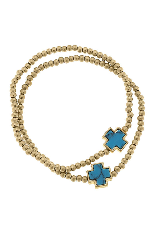 Beth Turquoise Cross Ball Bead Stretch Bracelets (Set of 2)