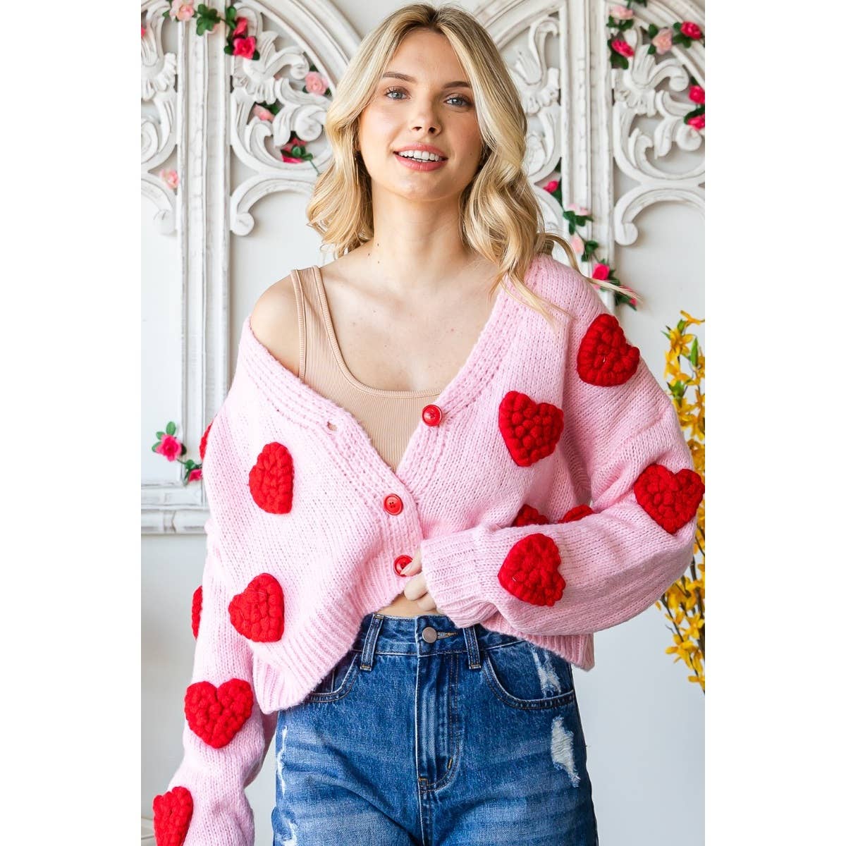 Fluffy Hearts Pom Pom Cardigan
