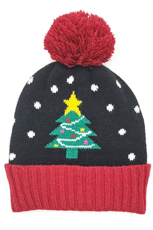 Christmas Theme Tree Beanie with Yarn Holiday Pom Winter Hat