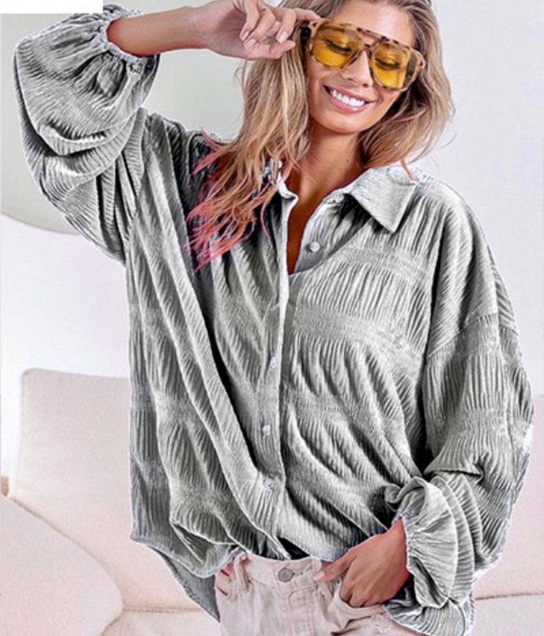 Wrinkle Effect Velvet Button Up