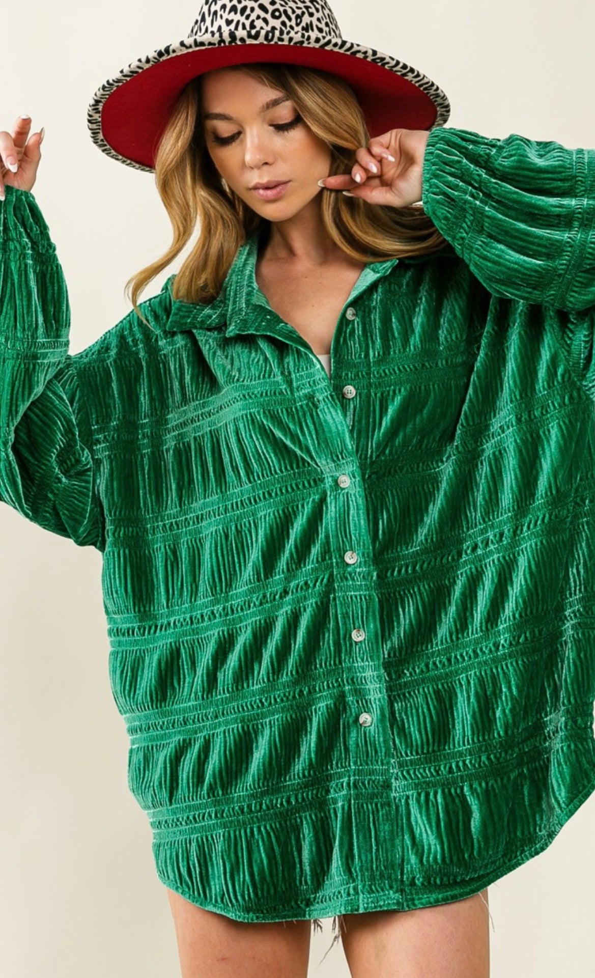 Wrinkle Effect Velvet Button Up