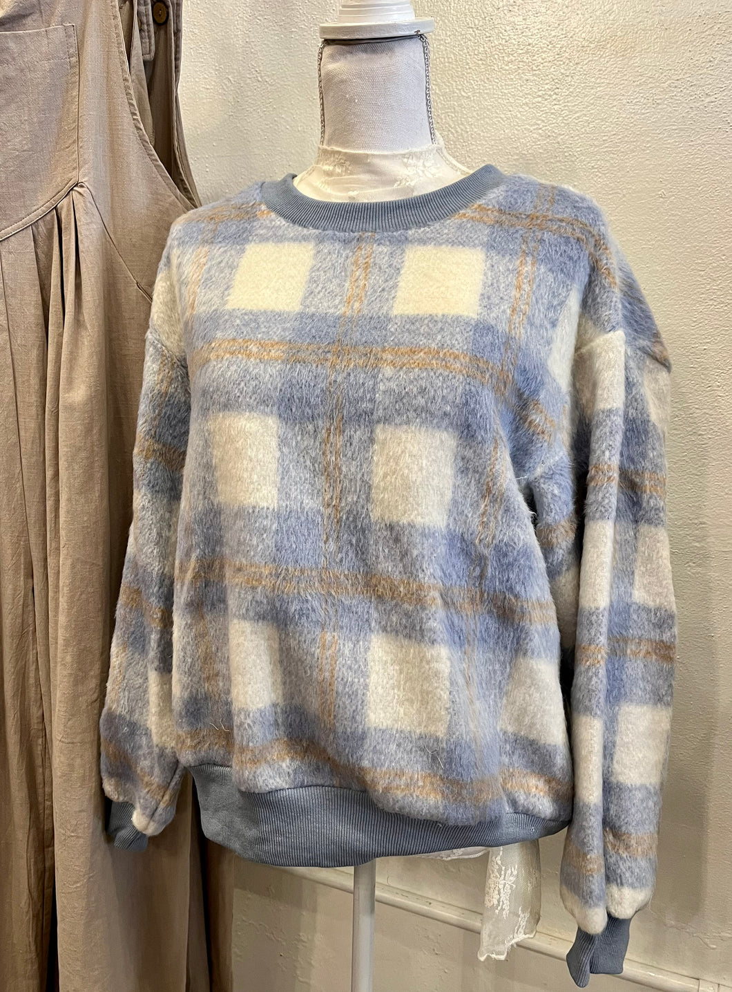 Furry Plaid Crewneck Top