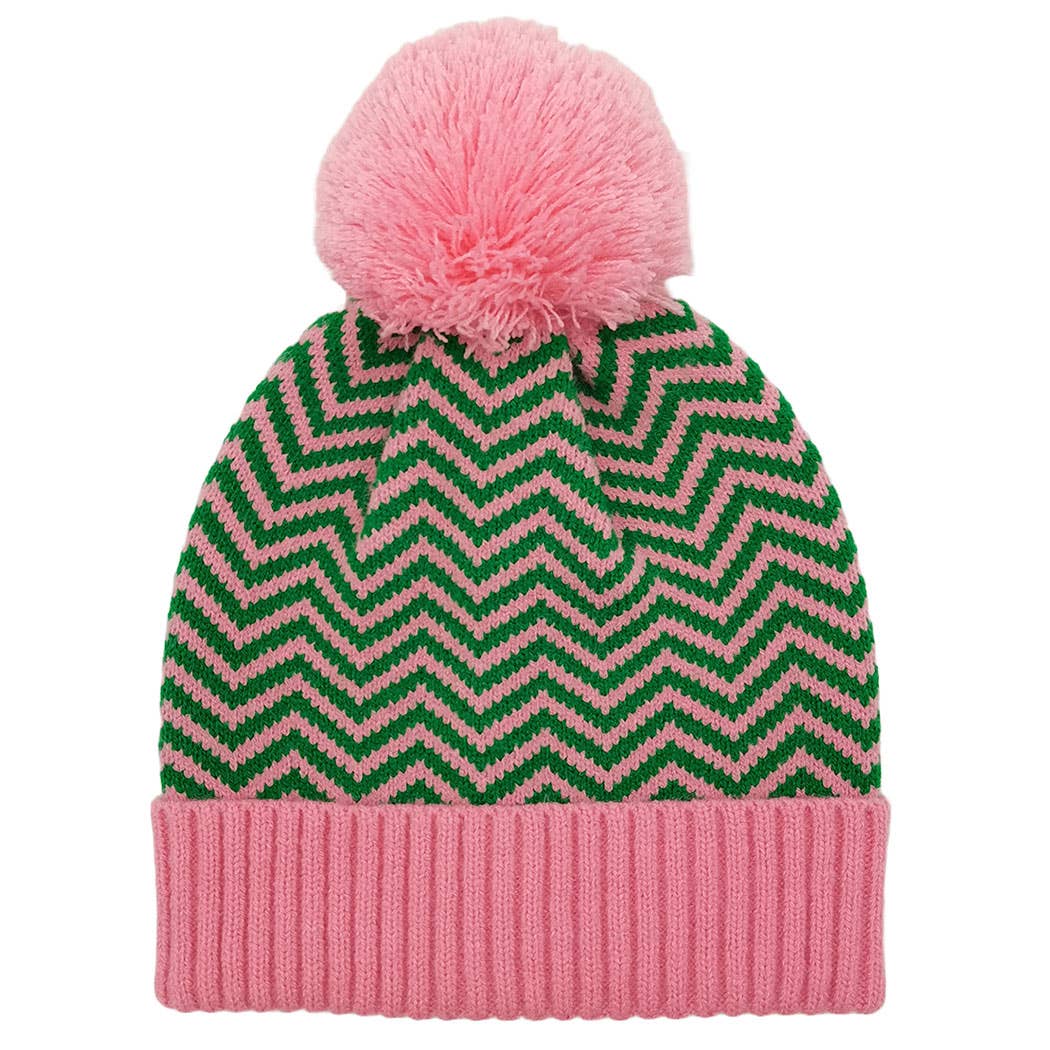 Zig-Zag Striped Ribbed Cuff Beanie with Pom