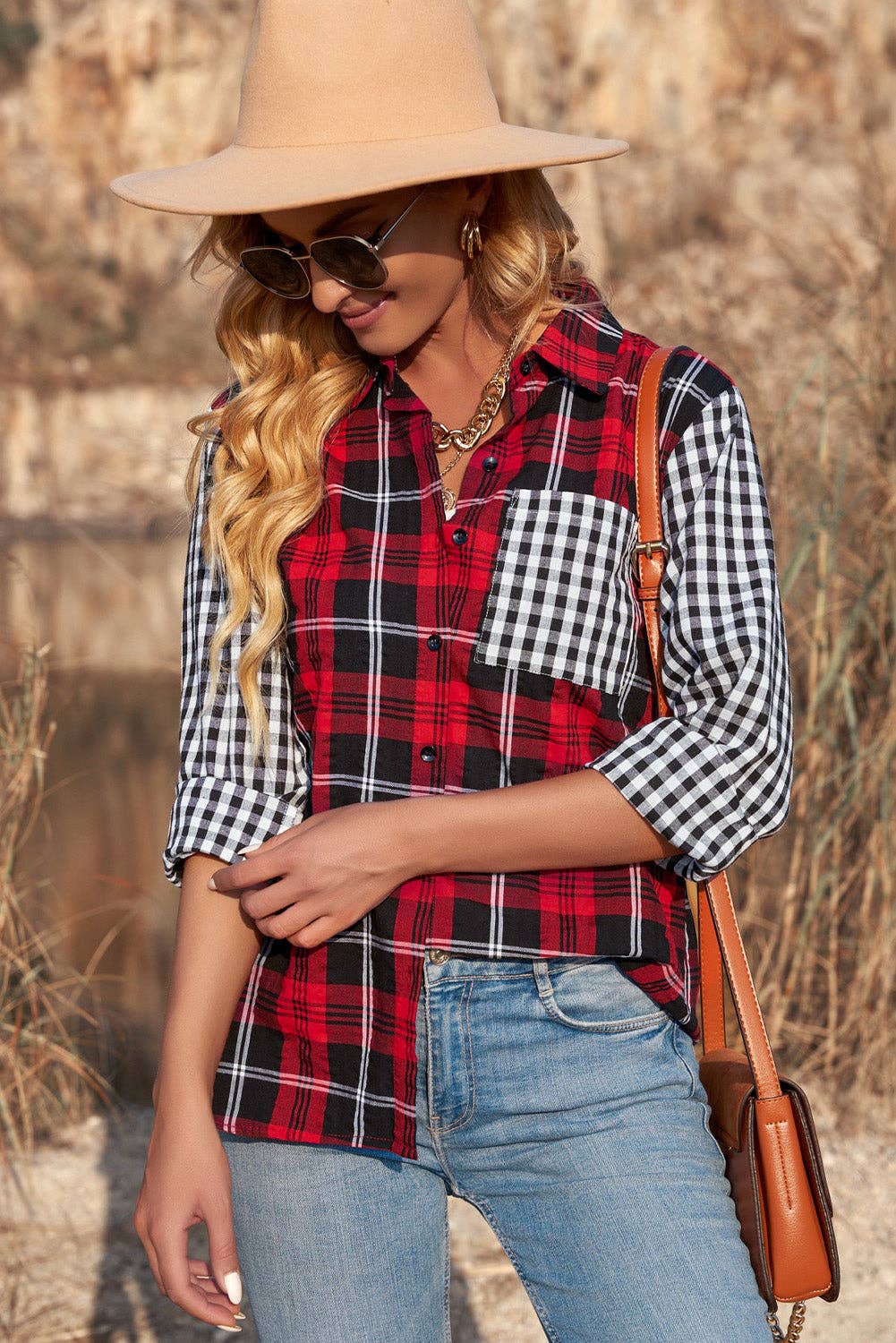 Plaid Splicing Hit Color Pockets Turndown Collar Long Sleeve