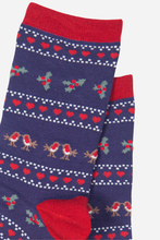 Load image into Gallery viewer, Women&#39;s Fair Isle Style Robin and Holly print Bamboo Socks
