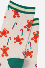 Load image into Gallery viewer, Cream Women&#39;s Candy Cane and Gingerbread Print Bamboo Socks
