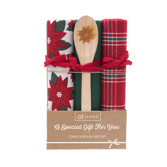 Christmas Poinsettia Plaid Kitchen Towel & Spoon Gift Set