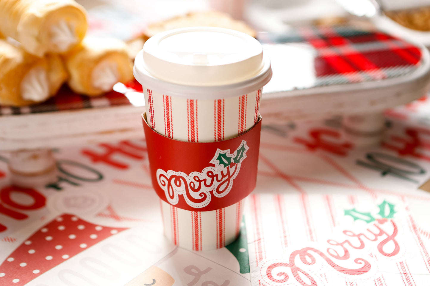 RED TICKING W/ MERRY SLEEVE HOT/COLD CUP W/LID