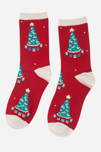 Load image into Gallery viewer, Red Women&#39;s Christmas Tree Print Bamboo Socks
