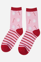 Load image into Gallery viewer, Women&#39;s Candy Stripe and Snowflake Print Bamboo Socks
