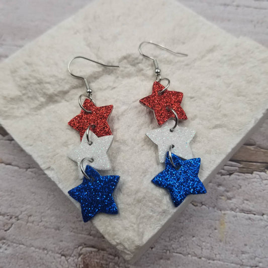 Fourth of July Metallic Stars Leather Drop Earrings