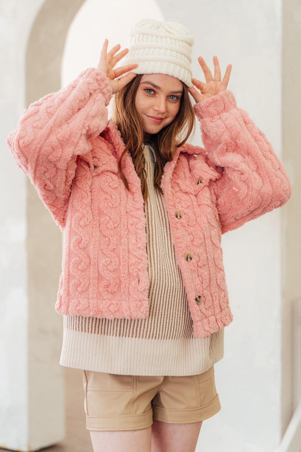 Cable Pattern Soft Fleece Fur Shacket