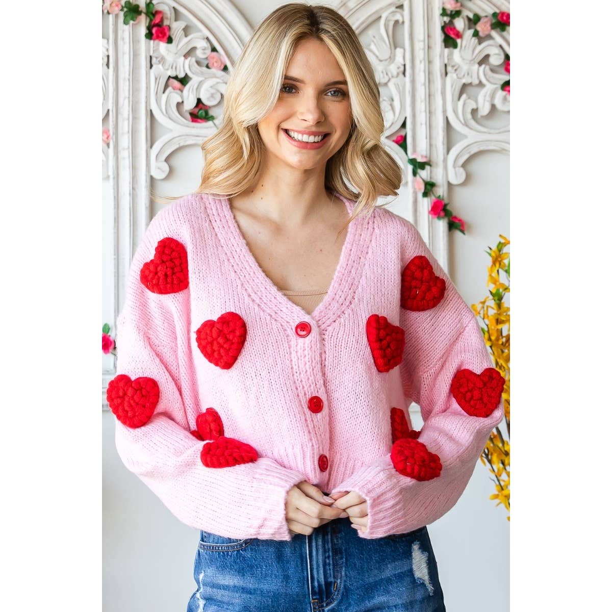 Fluffy Hearts Pom Pom Cardigan
