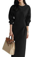 Load image into Gallery viewer, Black Solid Color Cinched Waist Long Sleeve Maxi Dress
