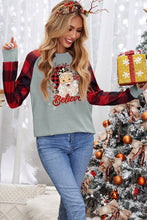 Load image into Gallery viewer, Gray Believe Santa&#39;s Buffalo Plaid Sleeve Pullover Sweatshirt
