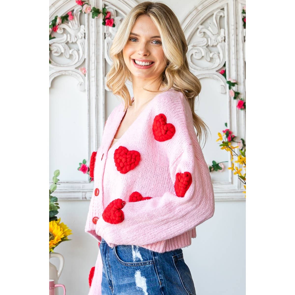 Fluffy Hearts Pom Pom Cardigan