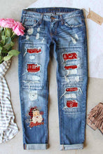Load image into Gallery viewer, Sky Blue Santa Claus Pattern Splicing Distressed Boyfriend
