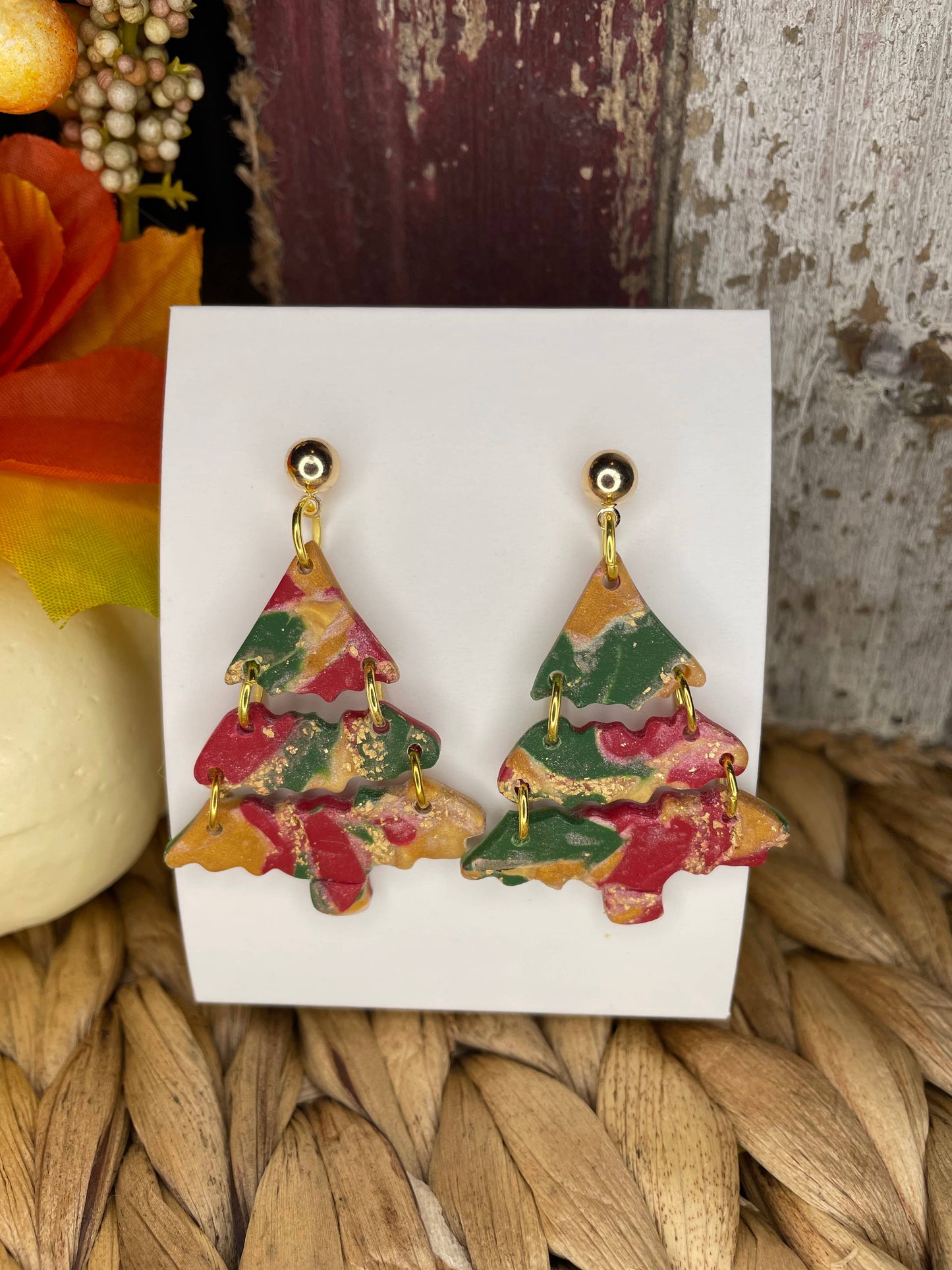 Boho Christmas Tree Dangle Handmade Clay Earrings