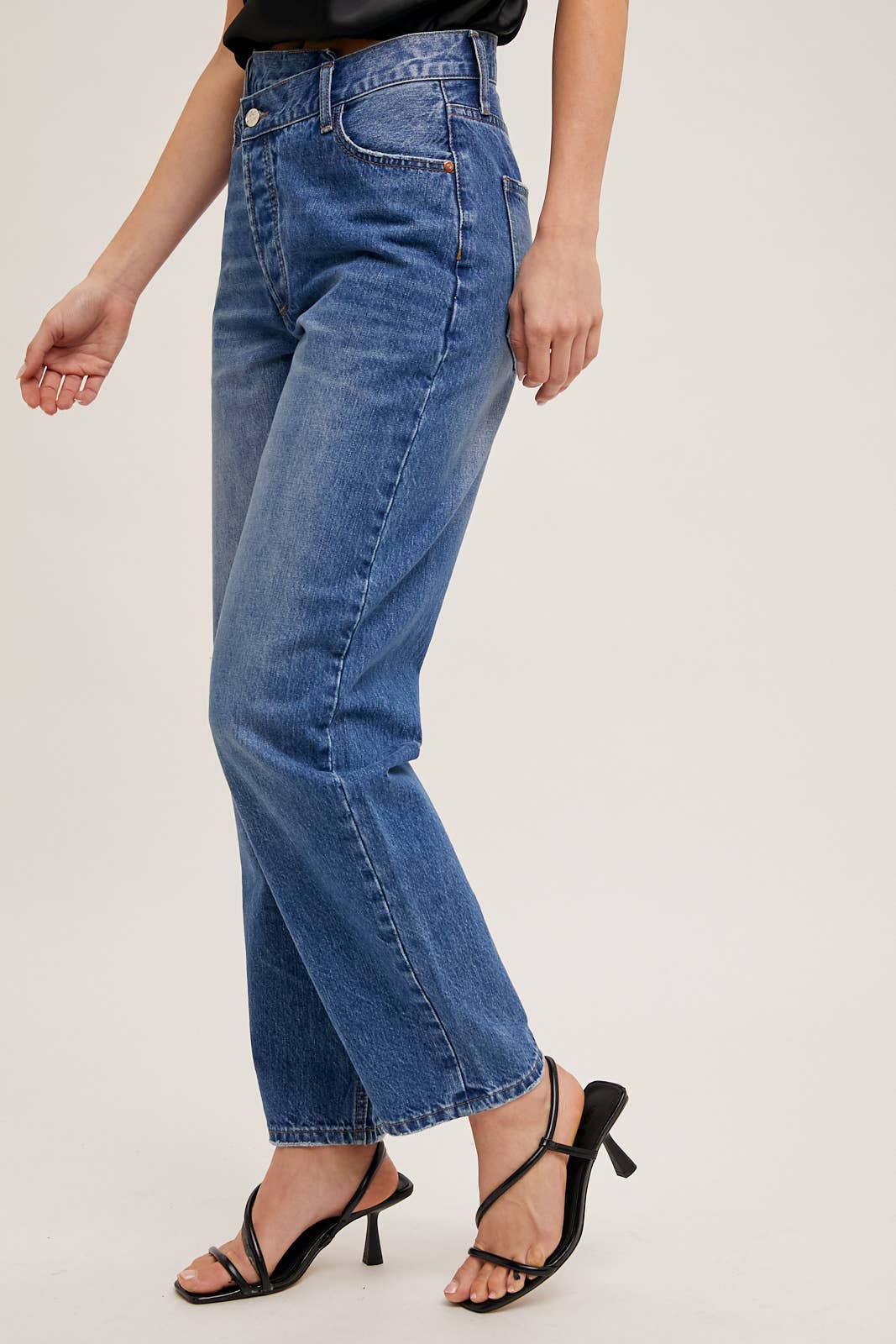 DENIM ASYMMETRICAL WAIST STRAIGHT LEG JEANS