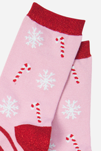 Load image into Gallery viewer, Women&#39;s Candy Stripe and Snowflake Print Bamboo Socks
