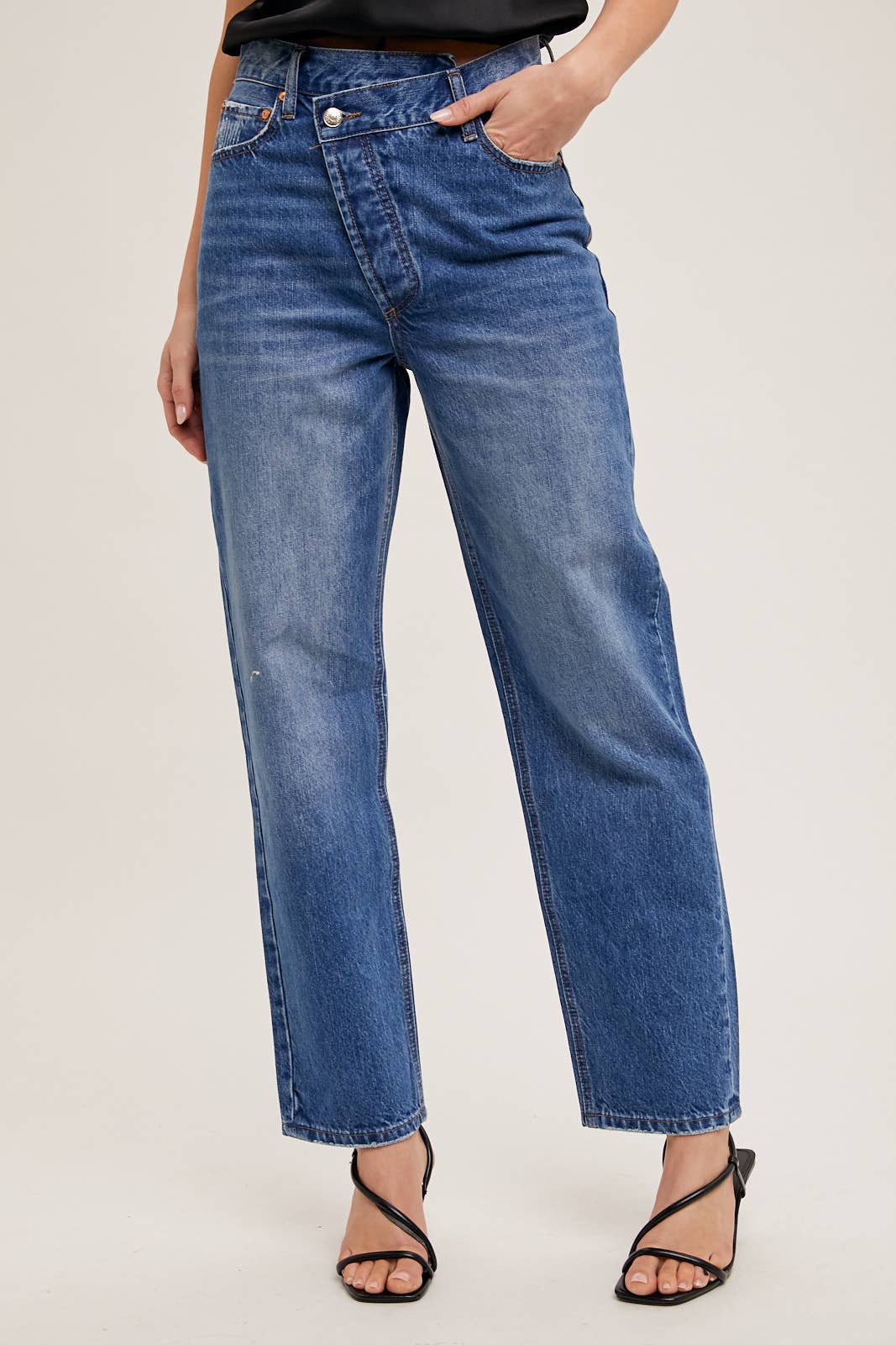 DENIM ASYMMETRICAL WAIST STRAIGHT LEG JEANS