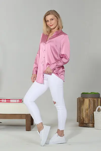 Orchid Charmeuse Long Sleeve Button Front Blouse