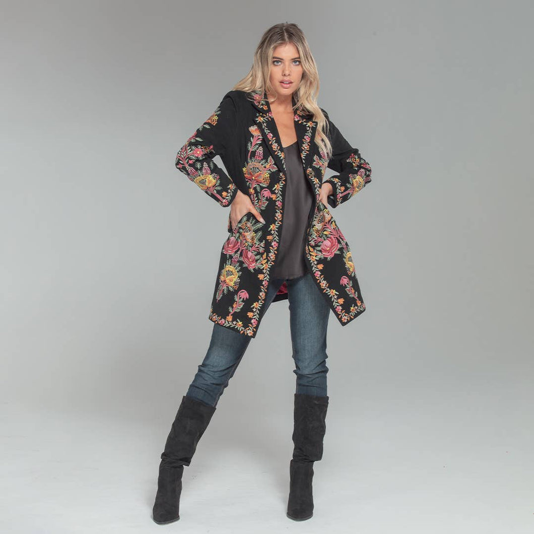 Twill Floral Embroidered Single Breasted Coat