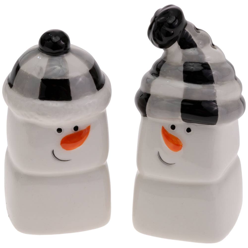 Joyous Black & White Check Snowman Ceramic Salt & Pepper