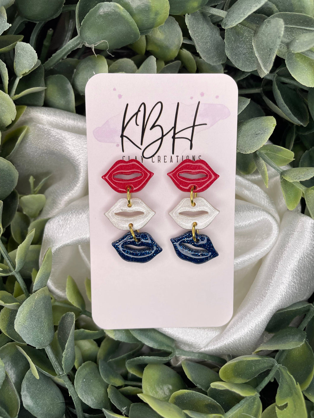 Red, Pearl and Blue Lip Dangle Clay Earrings